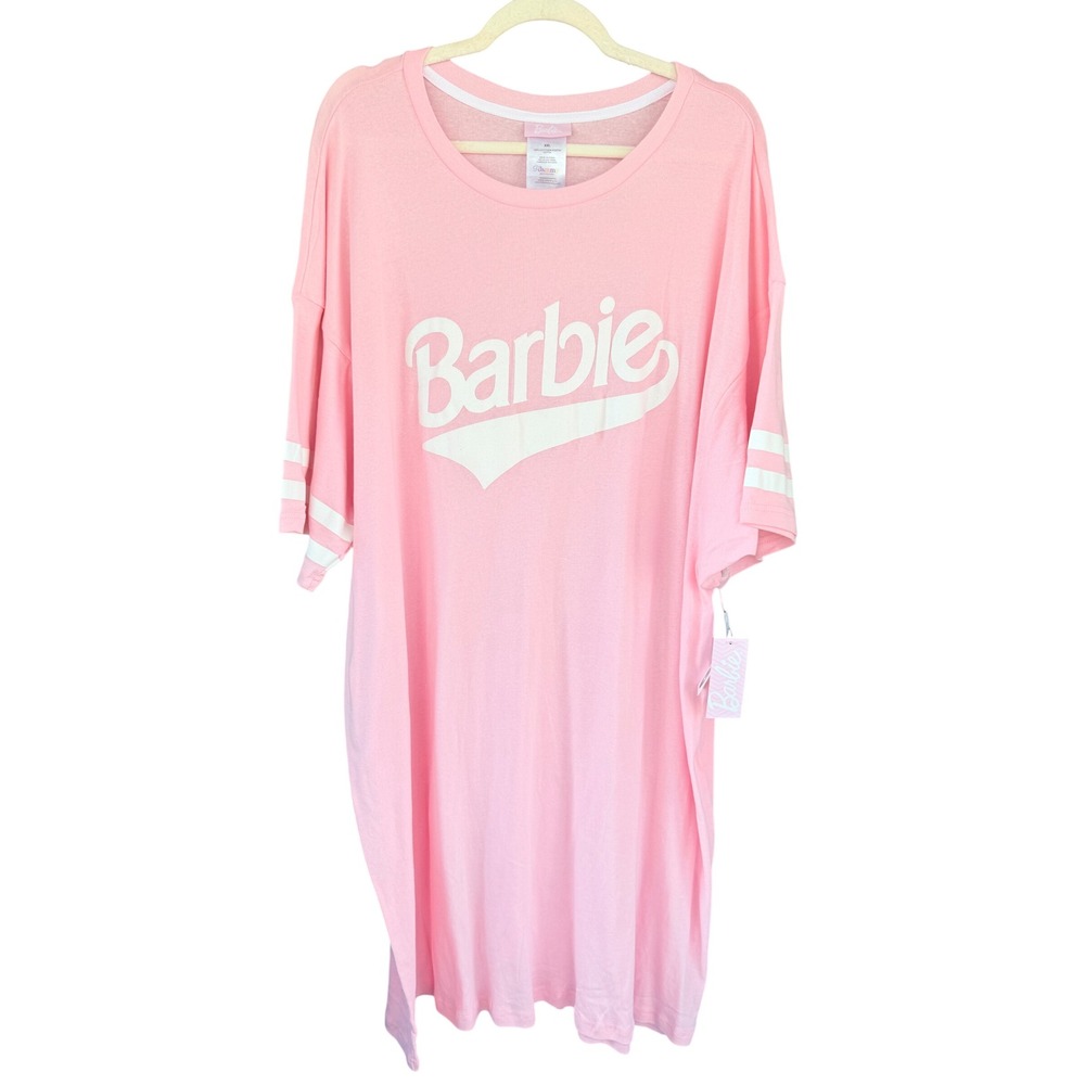 C2 Barbie Nightgown Pink Graphic T-Shirt Dress Retro Sporty Varsity Stripe XXL